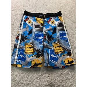 OP Swim Trunks Boys Large 10 12 Blue Shark Print Board Shorts Mesh Lined Beach